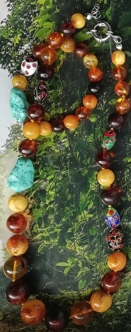 Naturbernstein Kugelkette + Armband,Kugeln~10-17 mm + türkisfarbener Trommelstein + Cloisonné Käfern