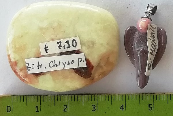 Zitronenchrysopras (Gaspéit) Scheibe/Taschenstein und  Mookait Engel Hänger