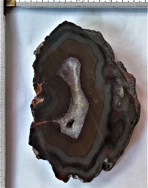 Achatscheibe, streifige farbige Achatmandel innen heller Drusenwuchs, Achat Scheibe  ~ 13 cm