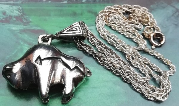 Silber Herzlinien Büffel, Navajo Native American Handmade, Silberkette mit Silber Anhänger
